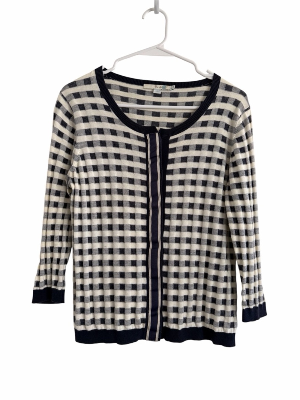 Boden Navy Plaid Cotton Cardigan 3/4 Sleeve Spring Light Cottagecore Coastal